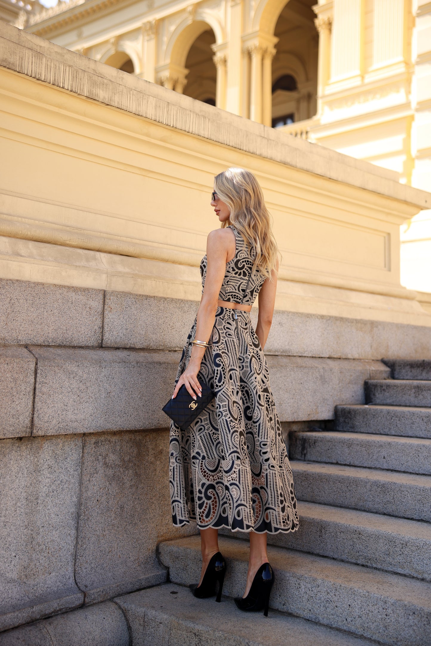 Black Broderie Anglaise Leather Midi Set