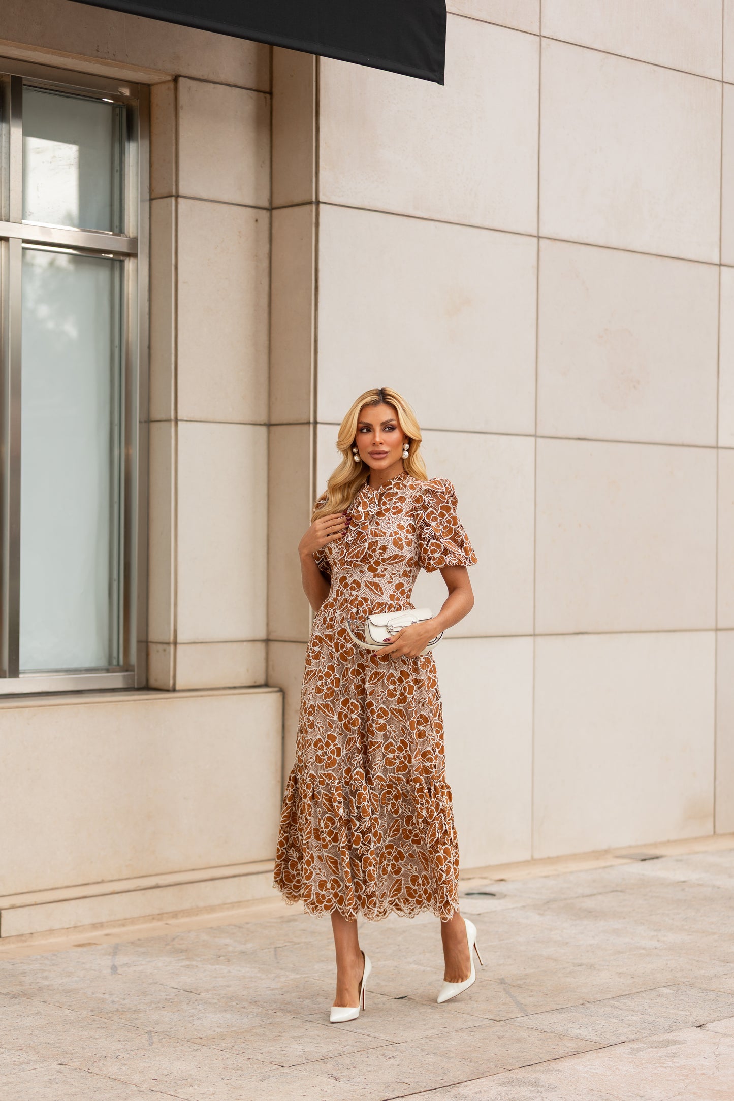 Brown & Off-White Lace Midi Dress