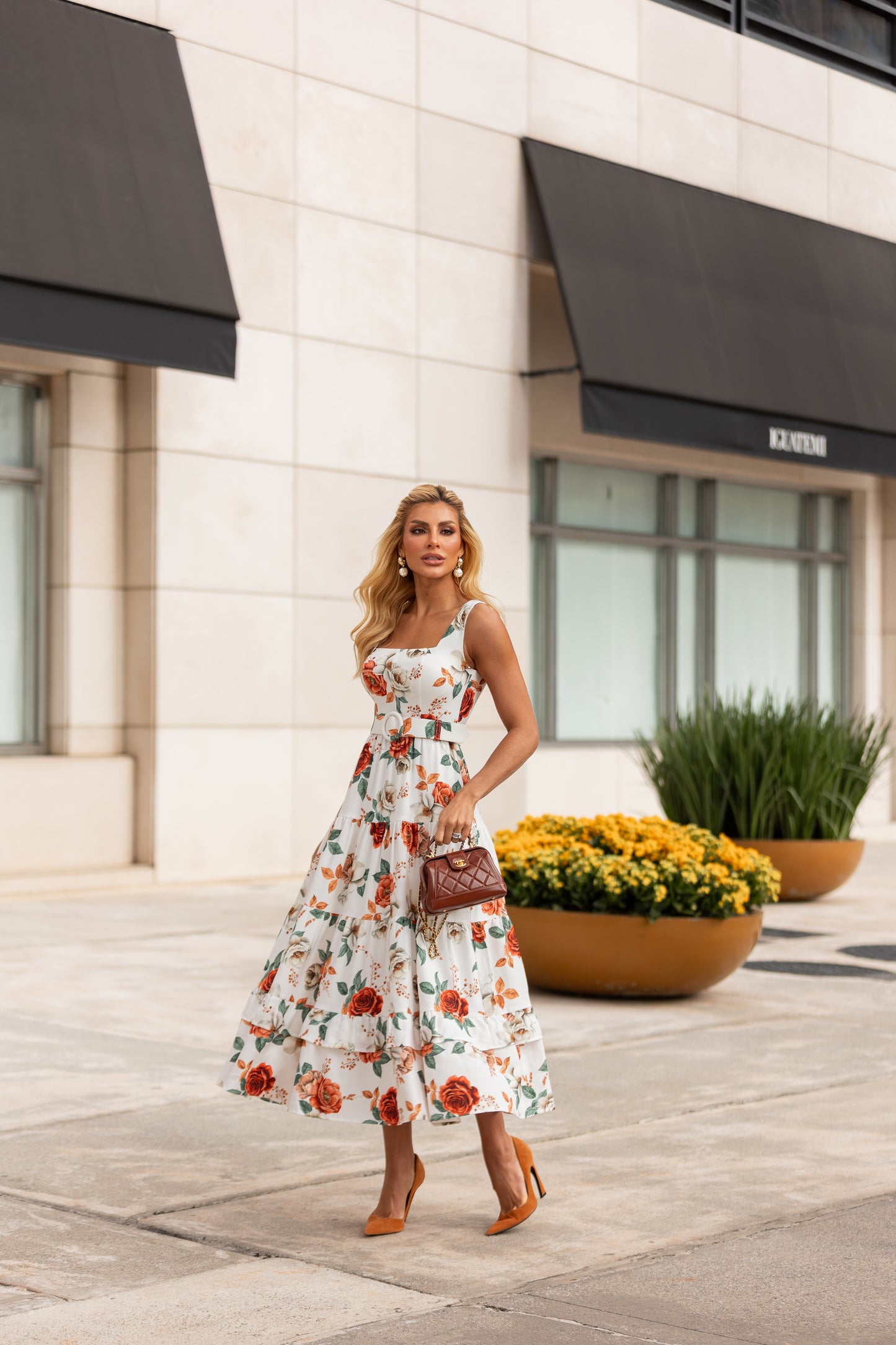 Off-White Floral Midi Dress