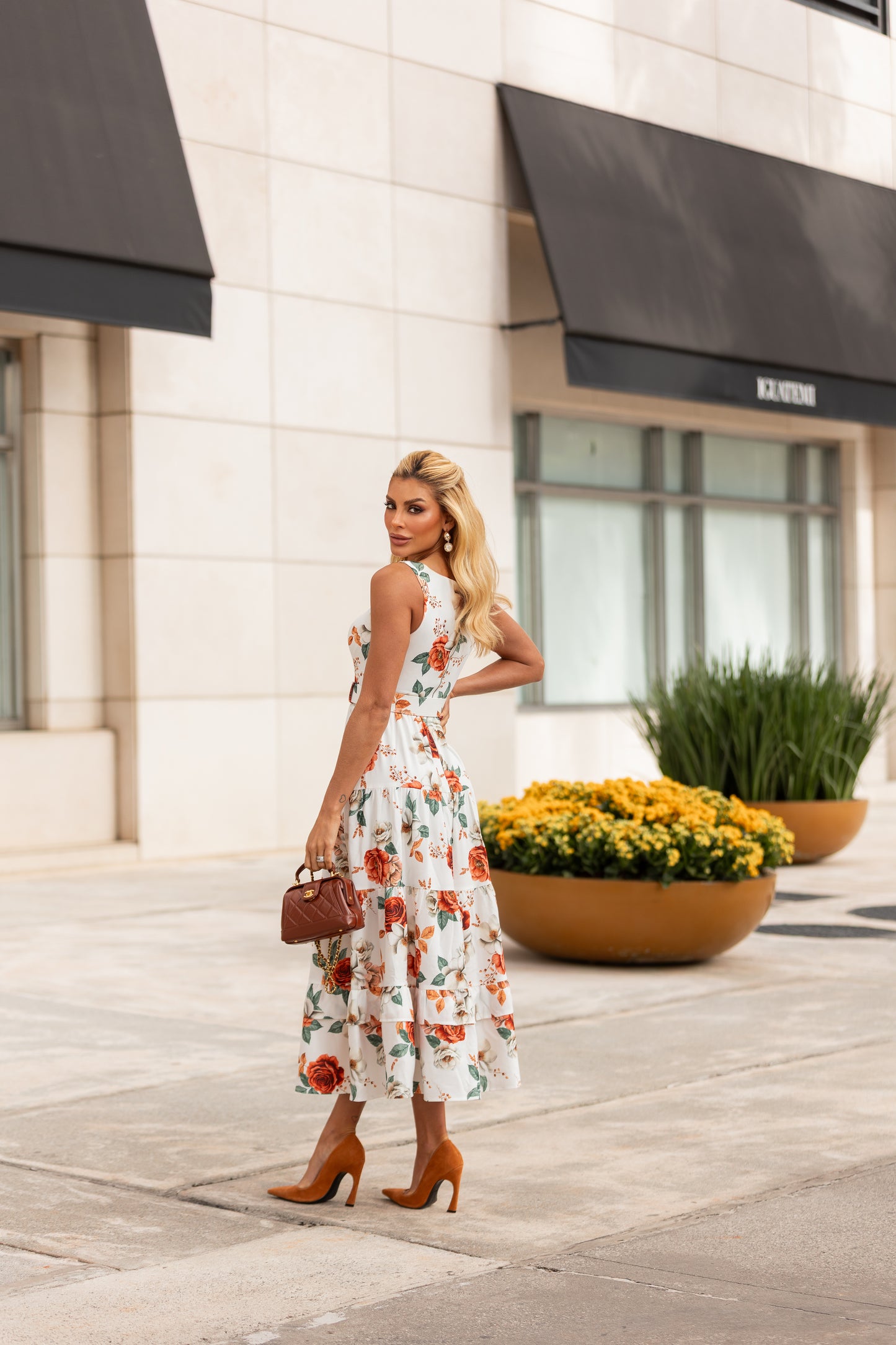 Off-White Floral Midi Dress