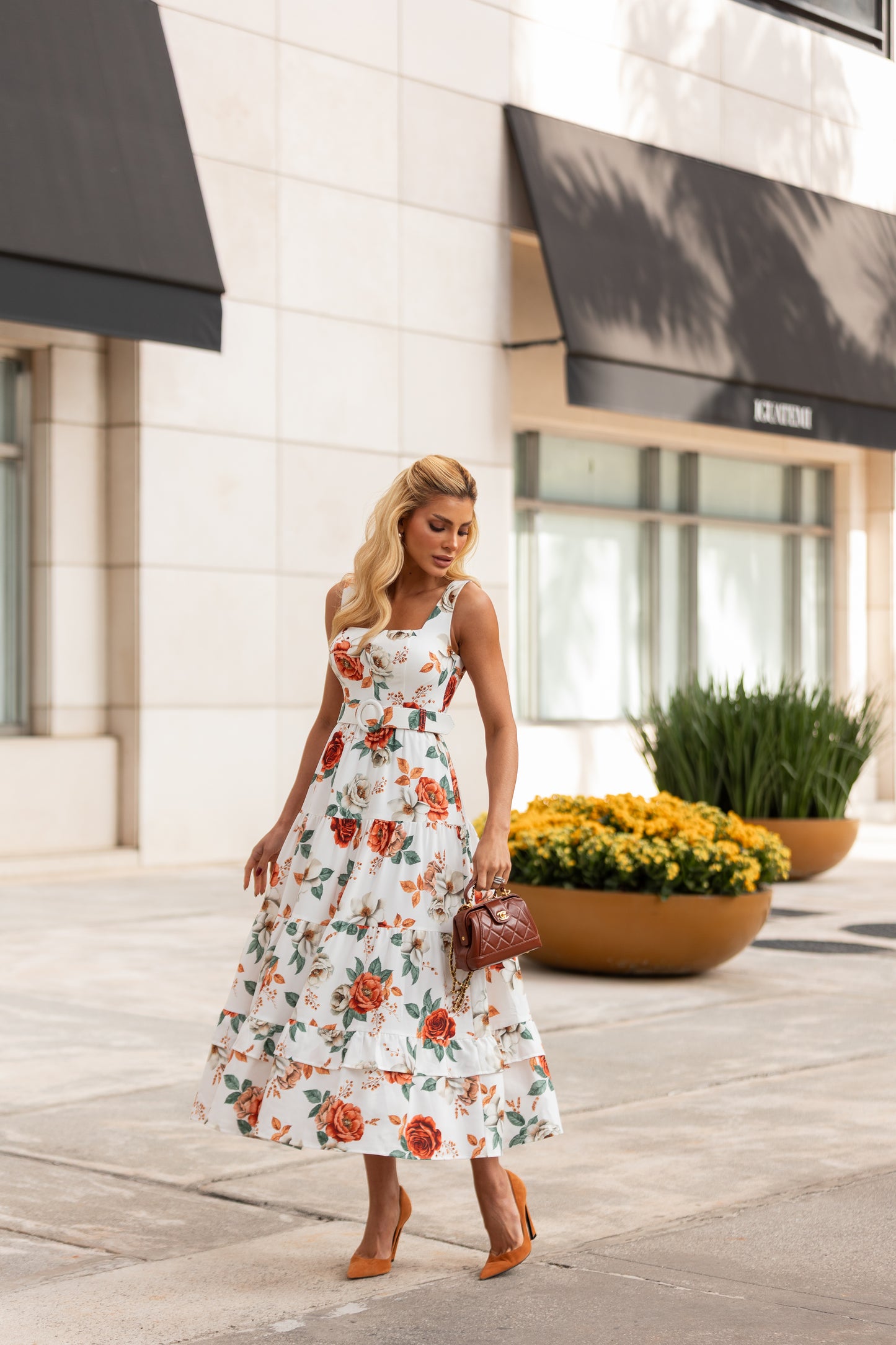 Off-White Floral Midi Dress